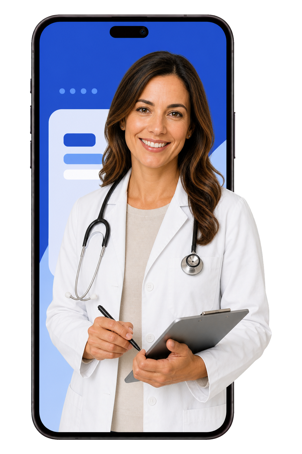 A licensed provider on a telehealth visit, shown on a smartphone screen